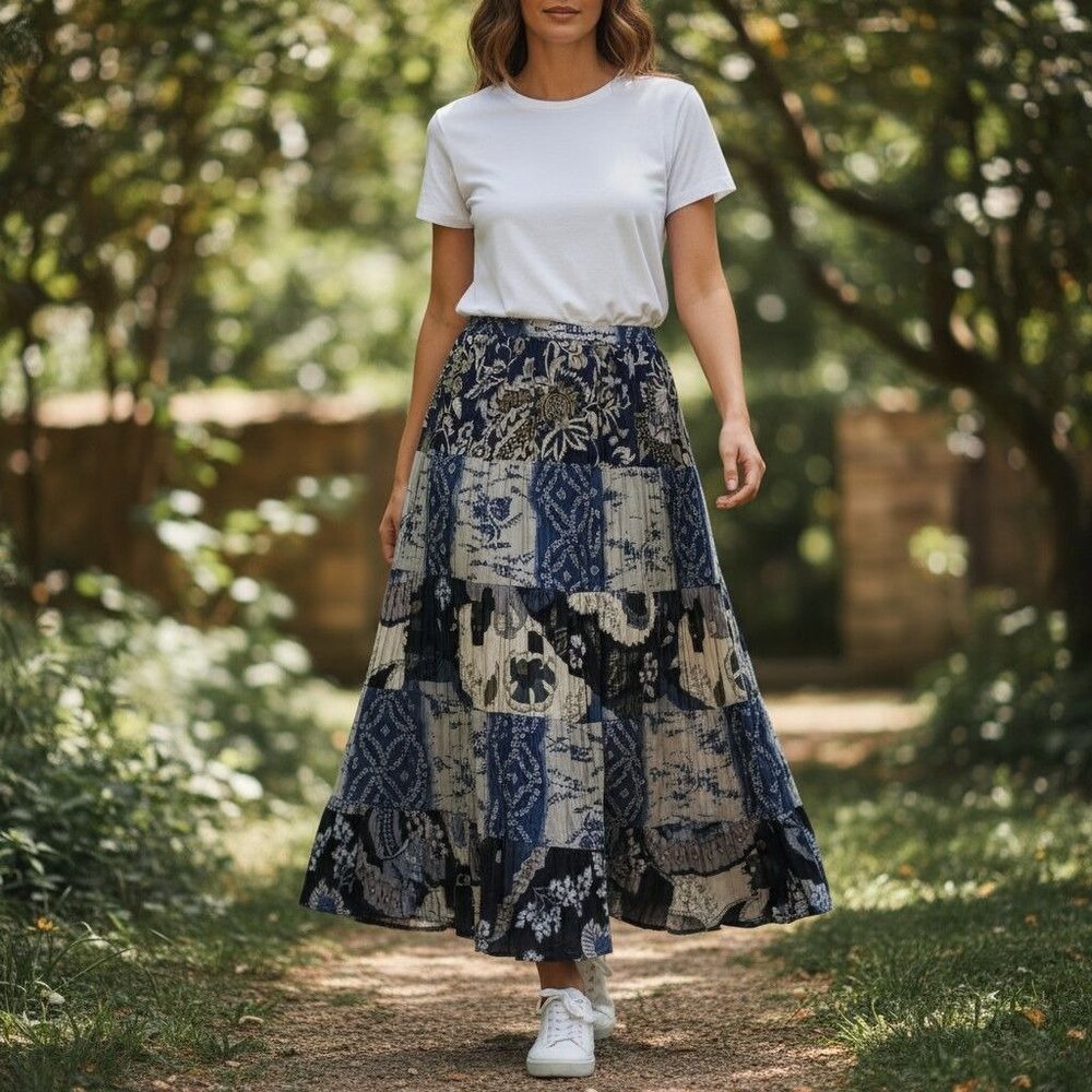 Elementz Blue Patchwork Krinkle Peasant/Boho Style Flowy Skirt